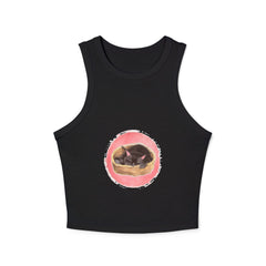 Close-up image of a black racerback tank top with a printed design of a sleeping cat, perfect for casual and comfortable wear