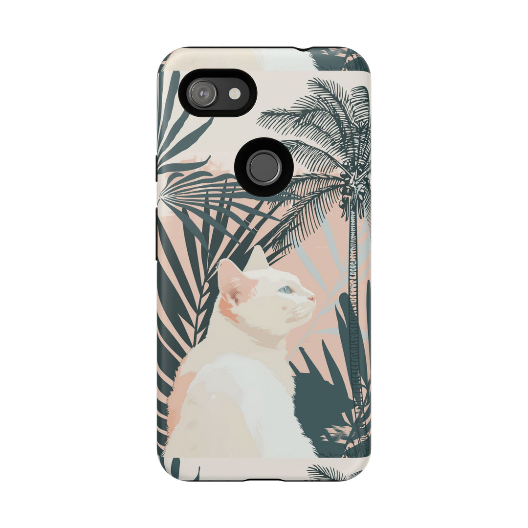 Tropische Katzen-Telefonhülle mit üppigen Palmenmotiven und sanften Pastelltönen