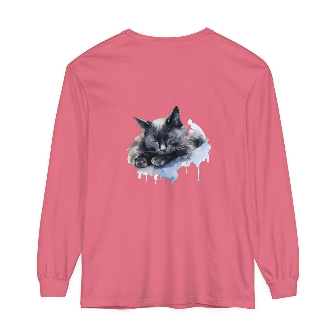 A watercolor illustration of a sleeping cat on a t-shirt