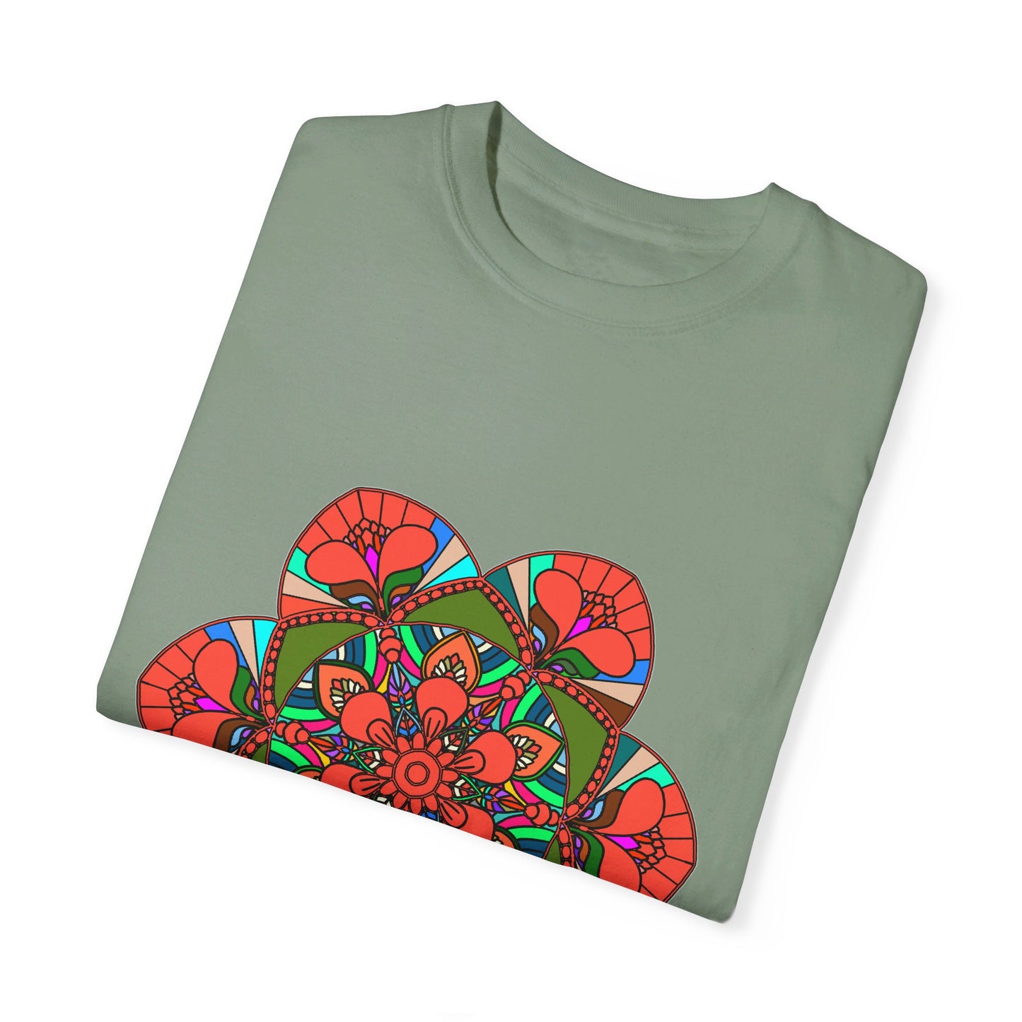 Colorful unisex mandala t-shirt featuring hand-drawn art on soft 100% ring-spun cotton, garment-dyed for maximum comfort