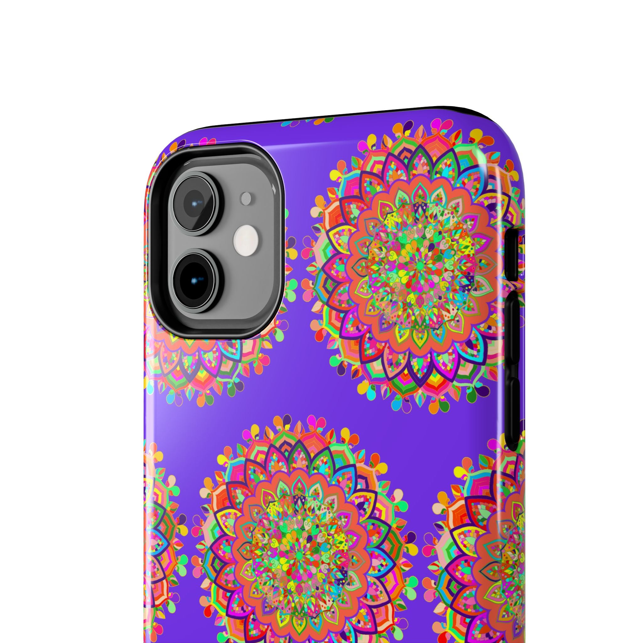 A detailed hand-drawn purple mandala art phone case designed for iPhone X and XS