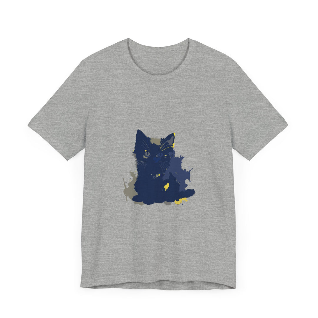 Midnight Blue Cat Mystery T-Shirt featuring a whimsical feline design on a deep blue background, perfect for cat lovers and mystery enthusiasts