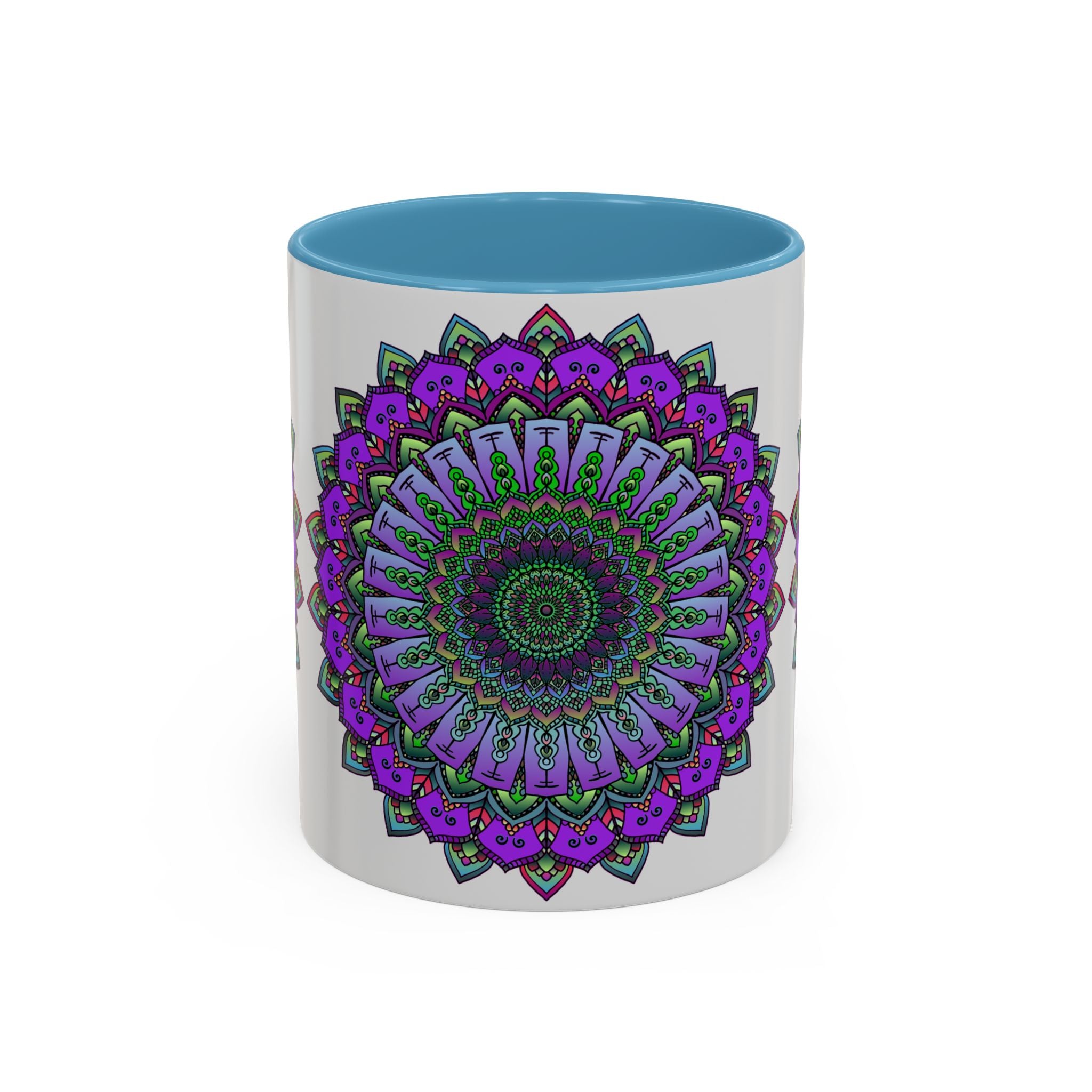 A beautiful, vibrant mandala mug featuring spiritual art and intricate designs