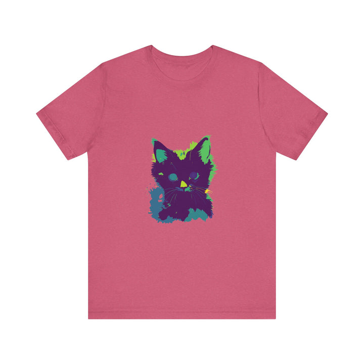 Black t-shirt with a neon-colored cat mystery design, perfect for cat lovers and fans of unique fashion