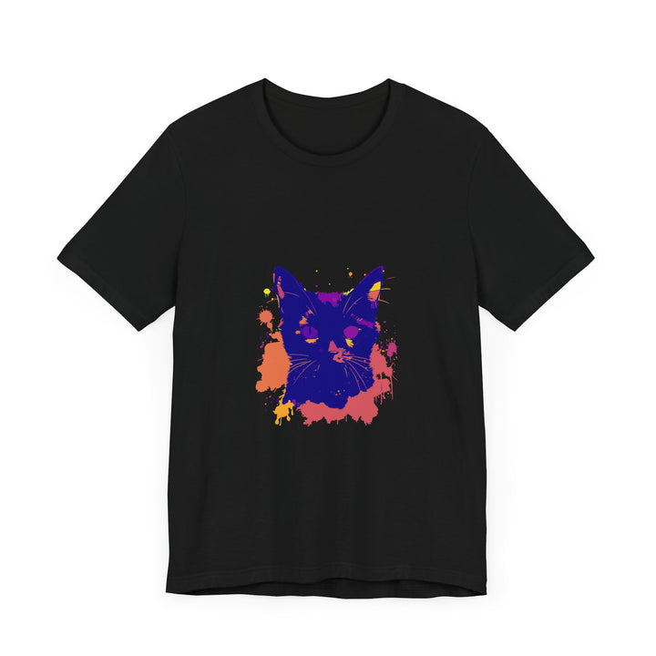 A stylish and modern black cat mystery t-shirt with a colorful and vibrant splatter