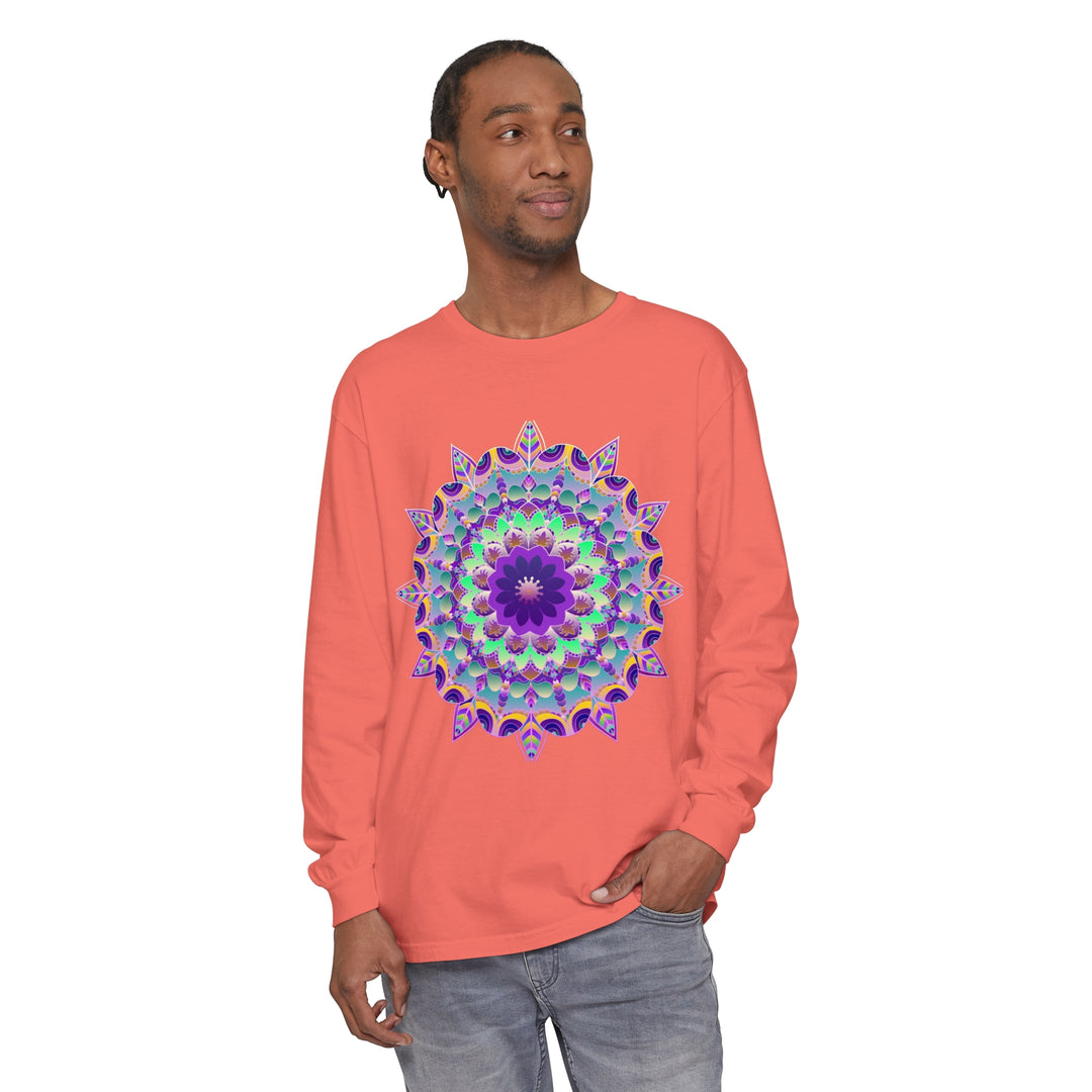 Colorful and intricate psychedelic mandala design on a long sleeve t-shirt