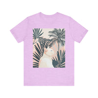 Trendy cat t-shirt with a cute white kitty and palm leaves