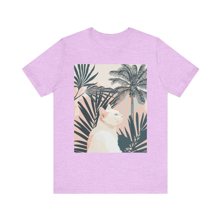 Trendy cat t-shirt with a cute white kitty and palm leaves