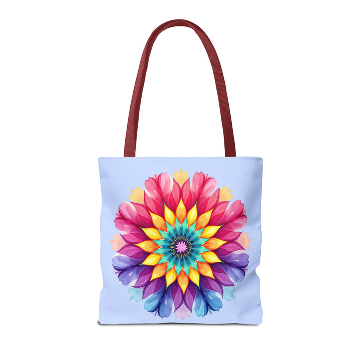 Colorful rainbow mandala tote bag with intricate design and vibrant hues