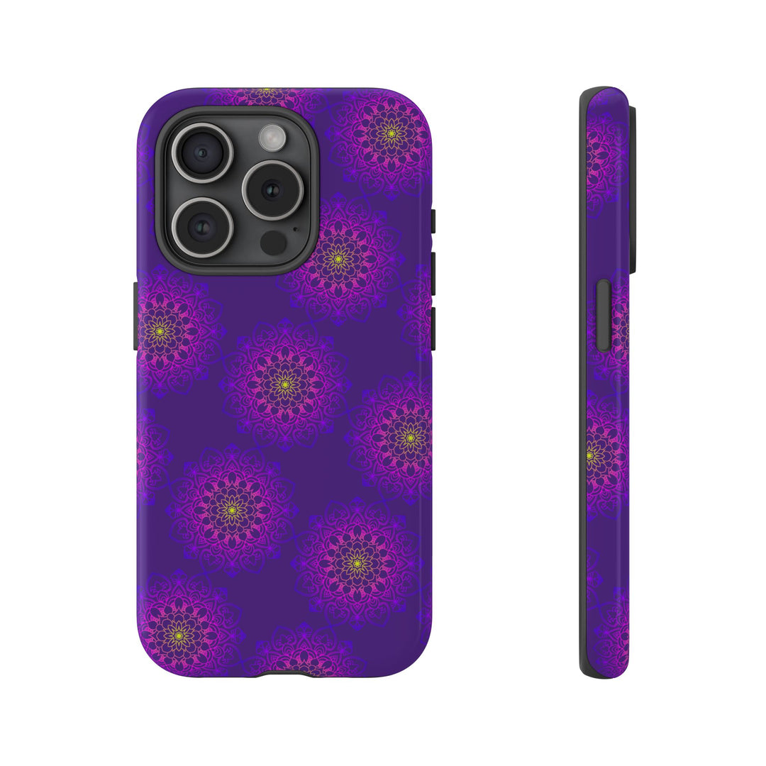Intricate Purple Floral iPhone Case with Bold Mandala Design