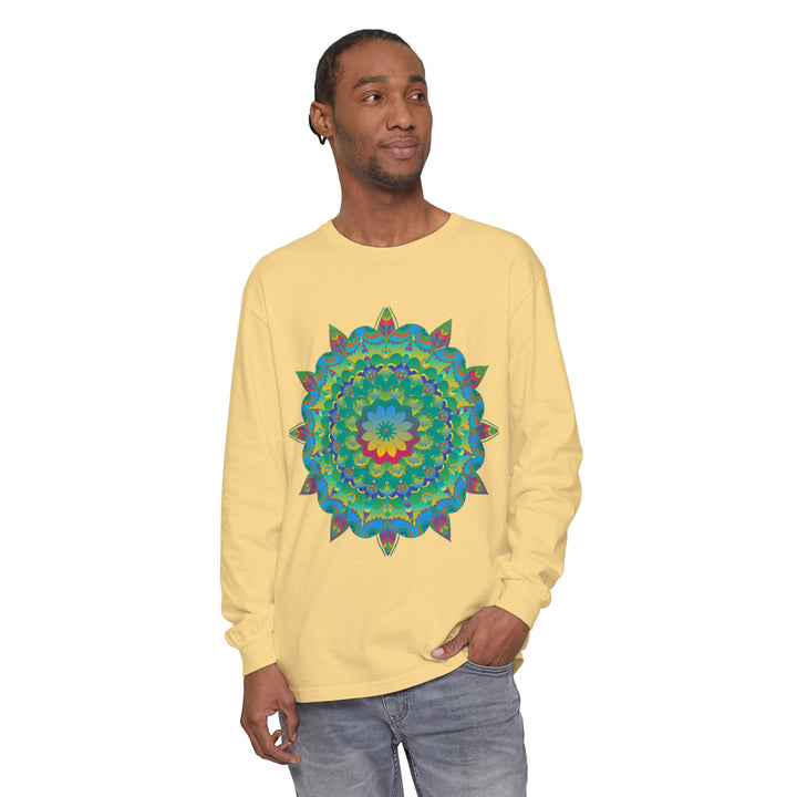 Colorful and intricate psychedelic mandala design on long sleeve t-shirt