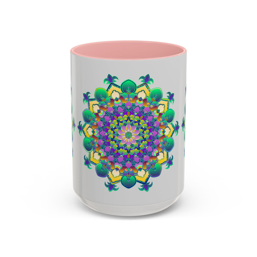 A beautiful light grey mug featuring a vibrant mandala art design