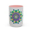 A beautiful light grey mug featuring a vibrant mandala art design