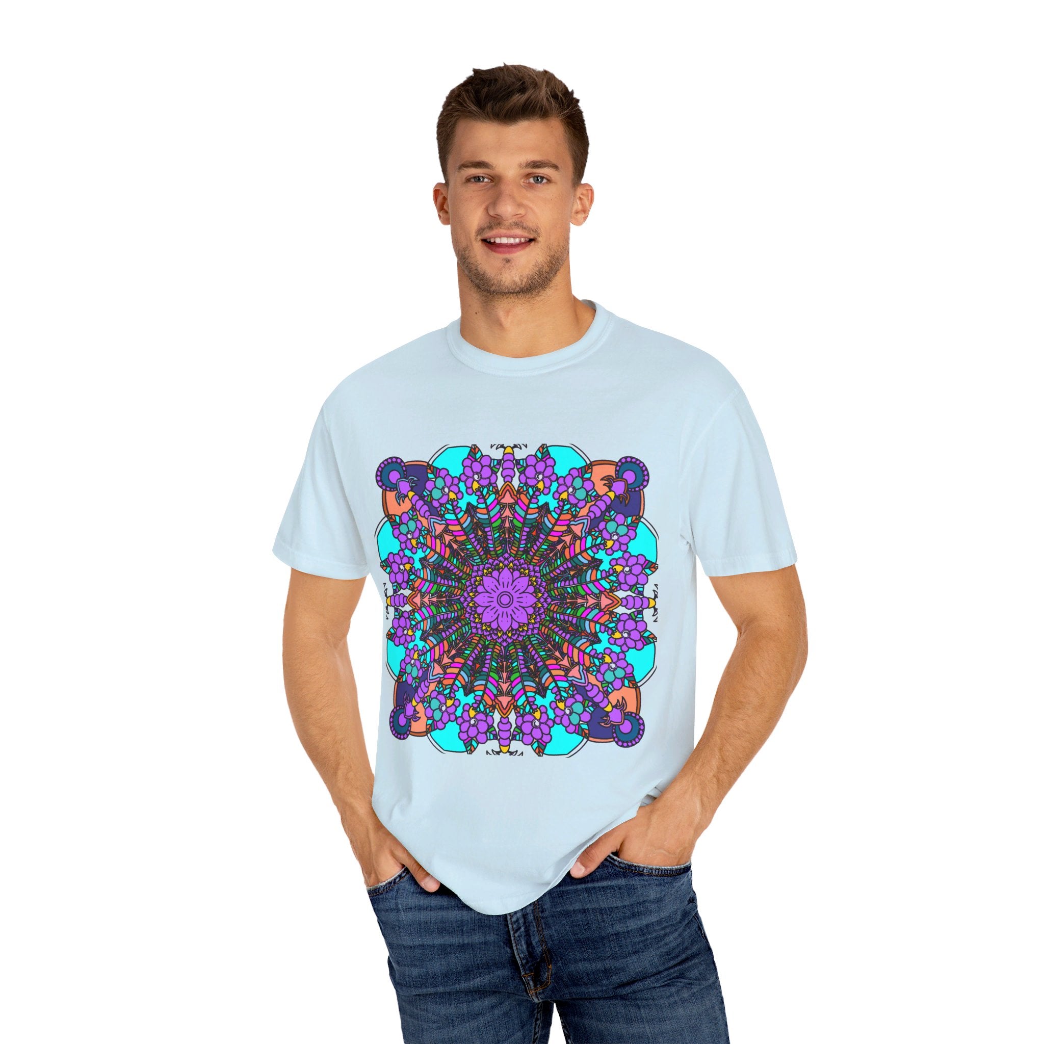 Unisex Mandala T-Shirt featuring intricate hand-drawn mandala art on 100% ring-spun cotton, garment-dyed for extra comfort