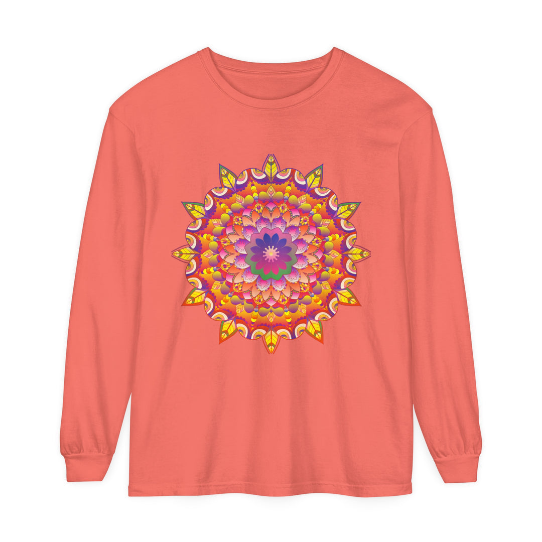 A close-up image of a colorful mandala design on a unisex long sleeve t-shirt