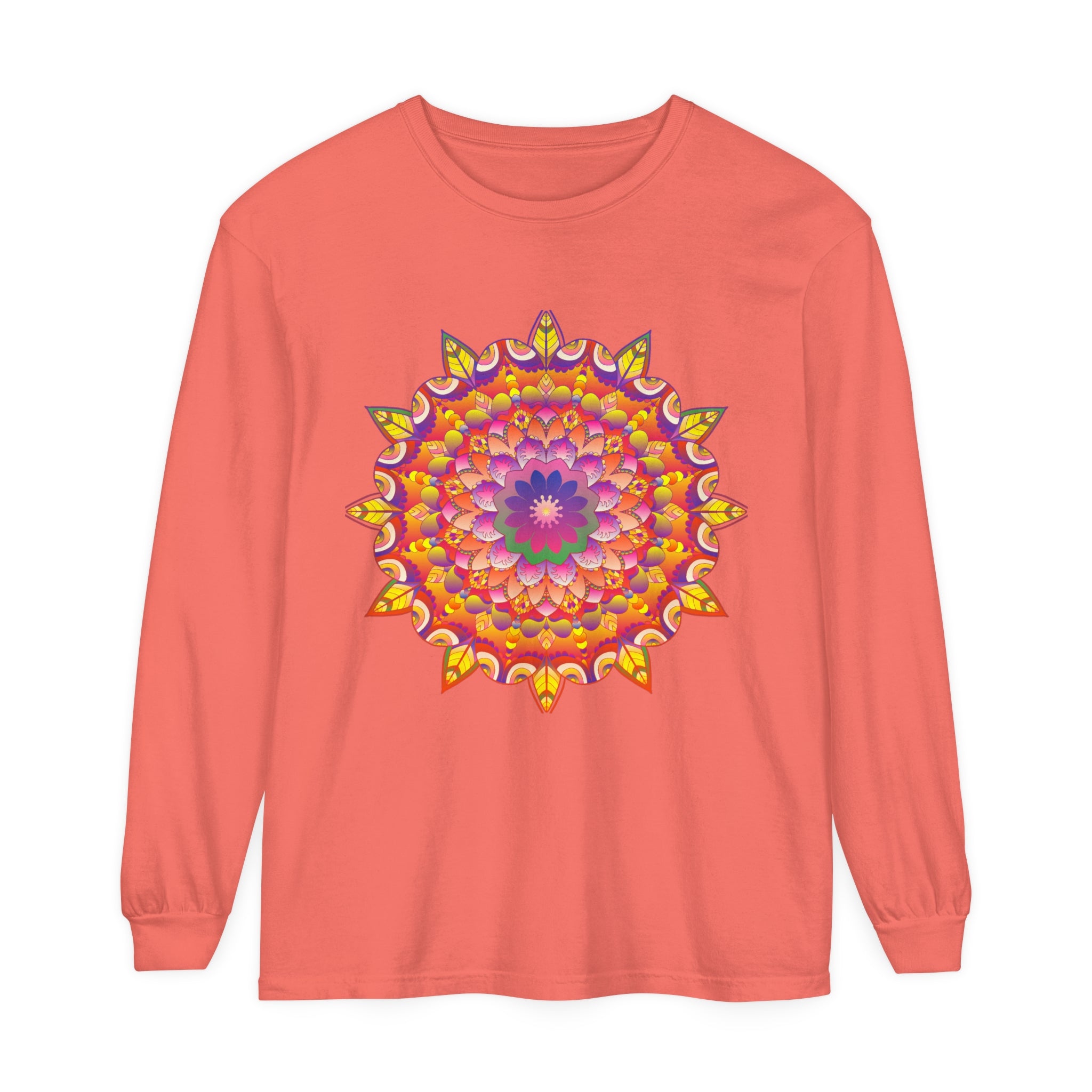 A close-up image of a colorful mandala design on a unisex long sleeve t-shirt