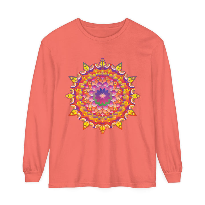 A close-up image of a colorful mandala design on a unisex long sleeve t-shirt