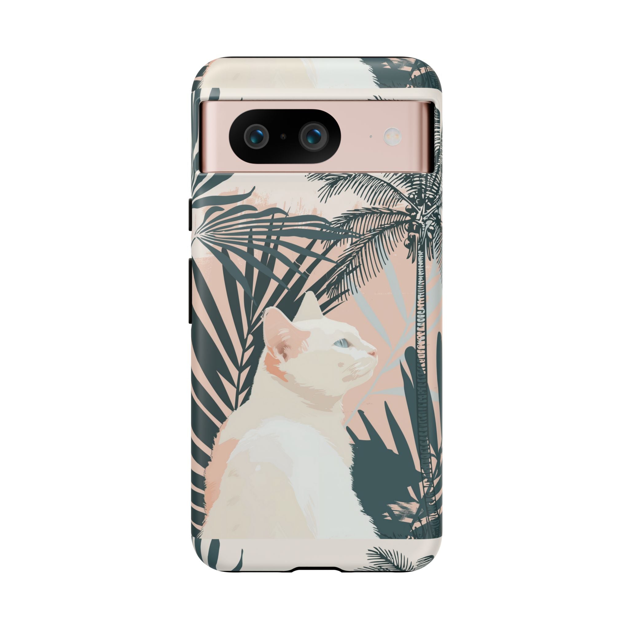 Tropische Katzen-Telefonhülle mit üppigen Palmenmotiven und sanften Pastelltönen