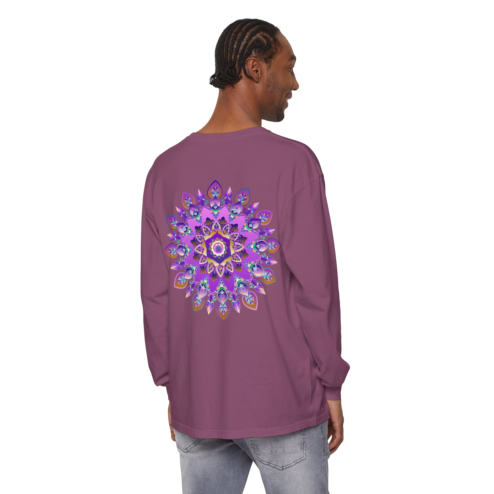 Vibrant purple and gold mandala long sleeve t-shirt with intricate design