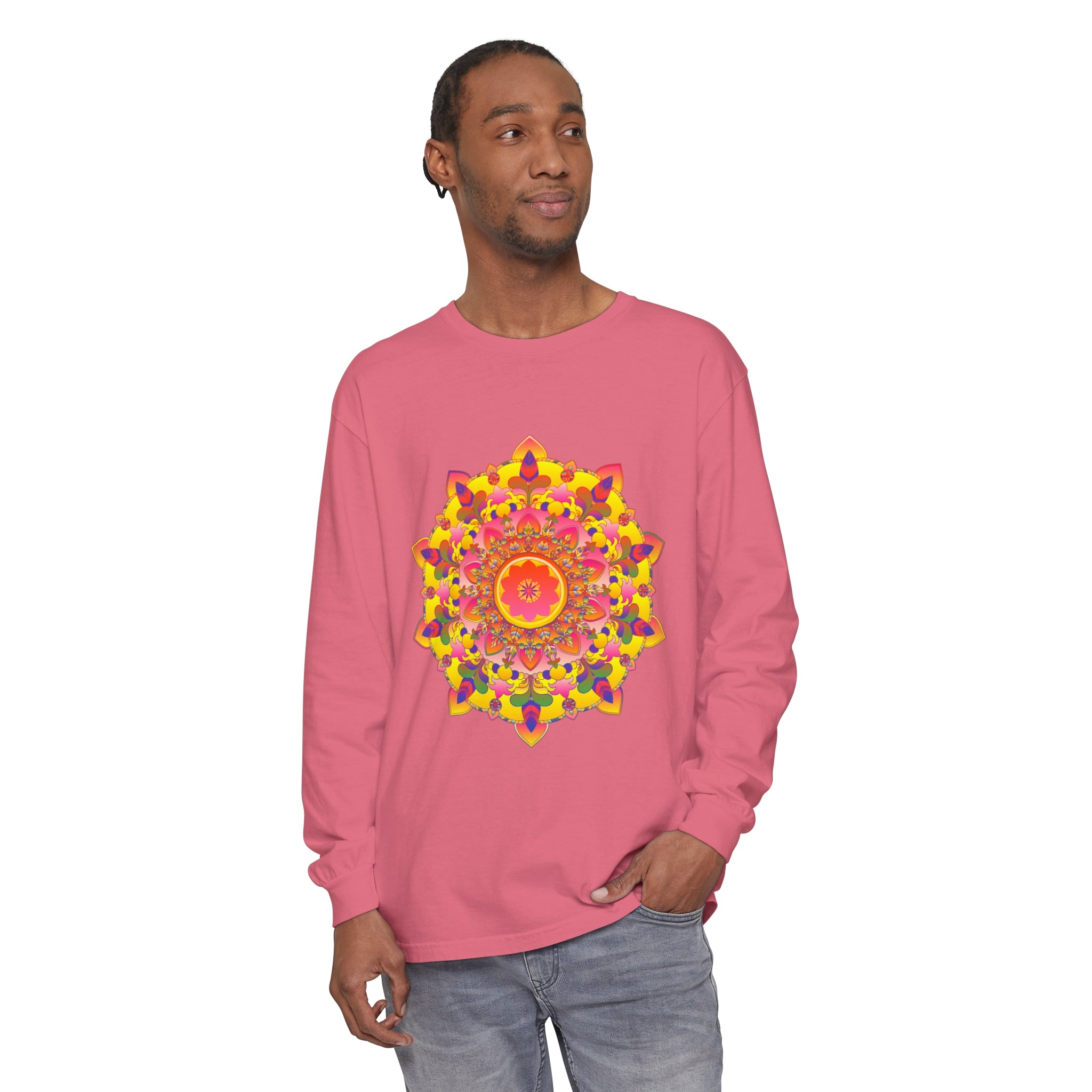 A colorful and intricate mandala design adorns this unisex long sleeve t-shirt