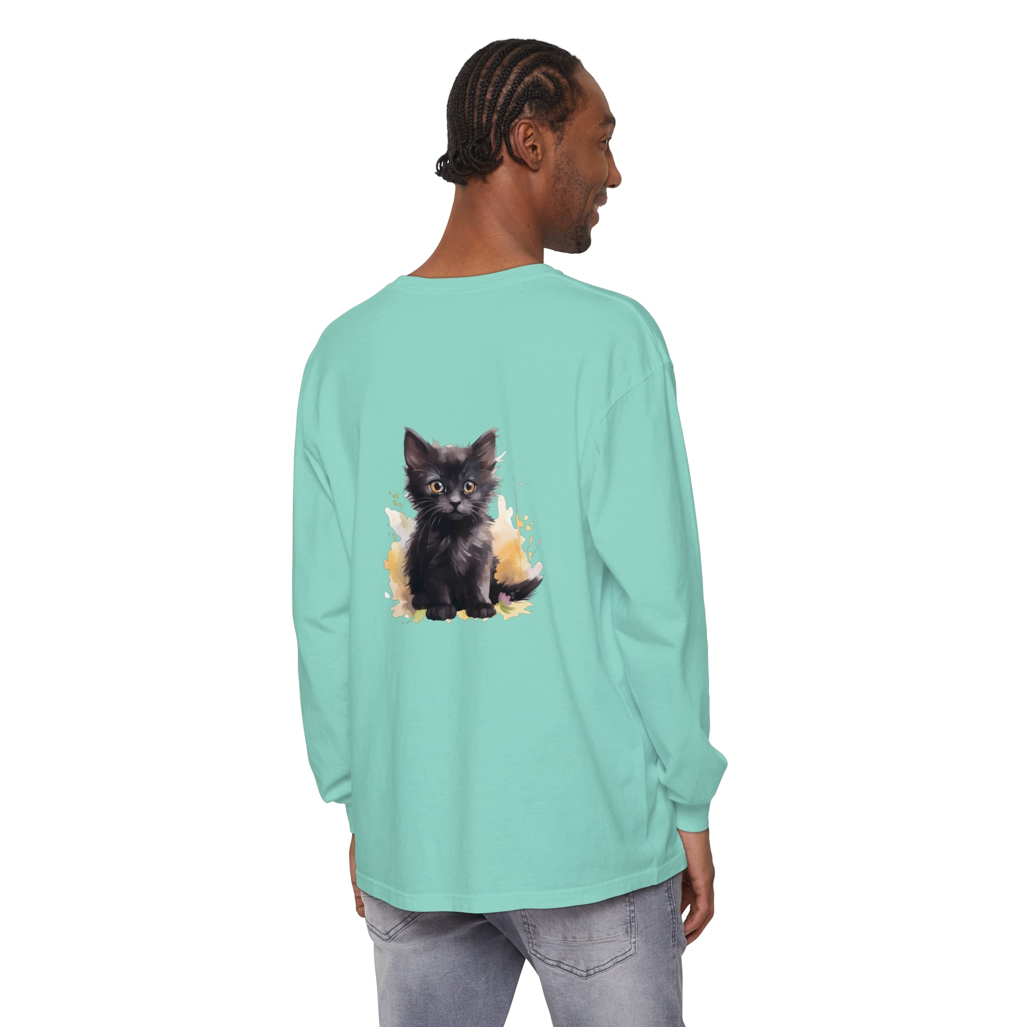 Black Kitten Watercolor Splash T-Shirt featuring a cute black kitten in a colorful watercolor splash design, perfect for cat lovers and animal enthusiasts