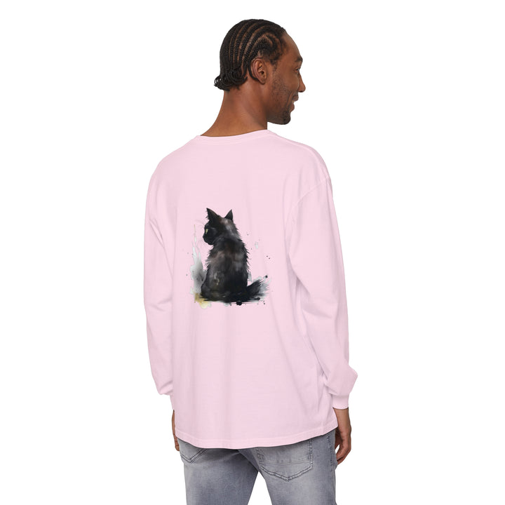 Black cat watercolor dream long sleeve t-shirt with vibrant and intricate design