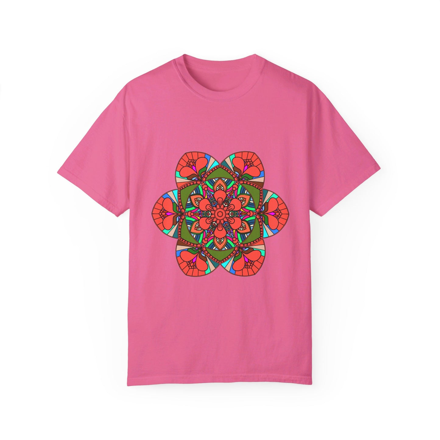 Unisex mandala t-shirt made from 100% ring-spun cotton, featuring hand-drawn mandala art and garment-dyed for extra comfort