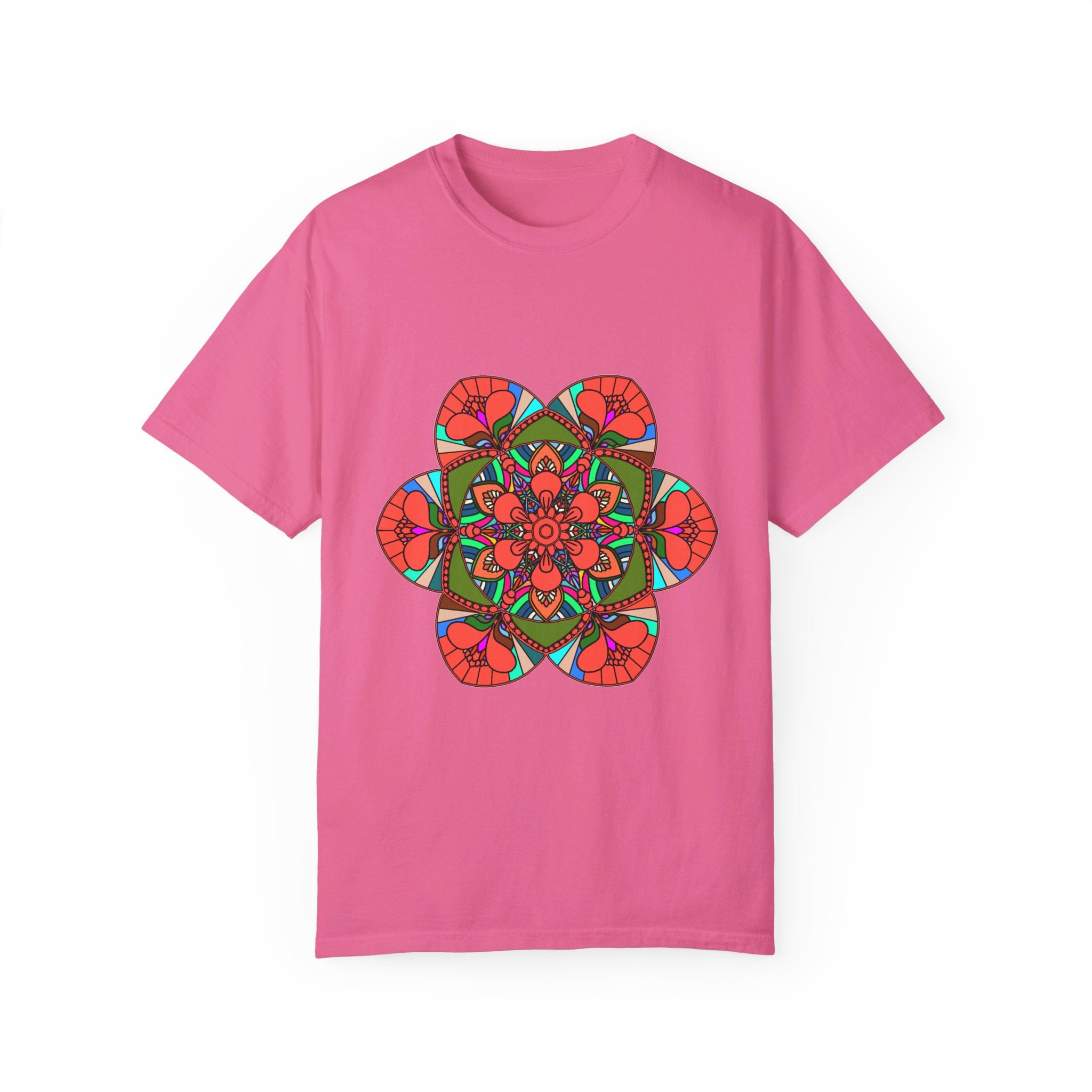 Unisex mandala t-shirt made from 100% ring-spun cotton, featuring hand-drawn mandala art and garment-dyed for extra comfort