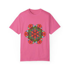 Unisex mandala t-shirt made from 100% ring-spun cotton, featuring hand-drawn mandala art and garment-dyed for extra comfort
