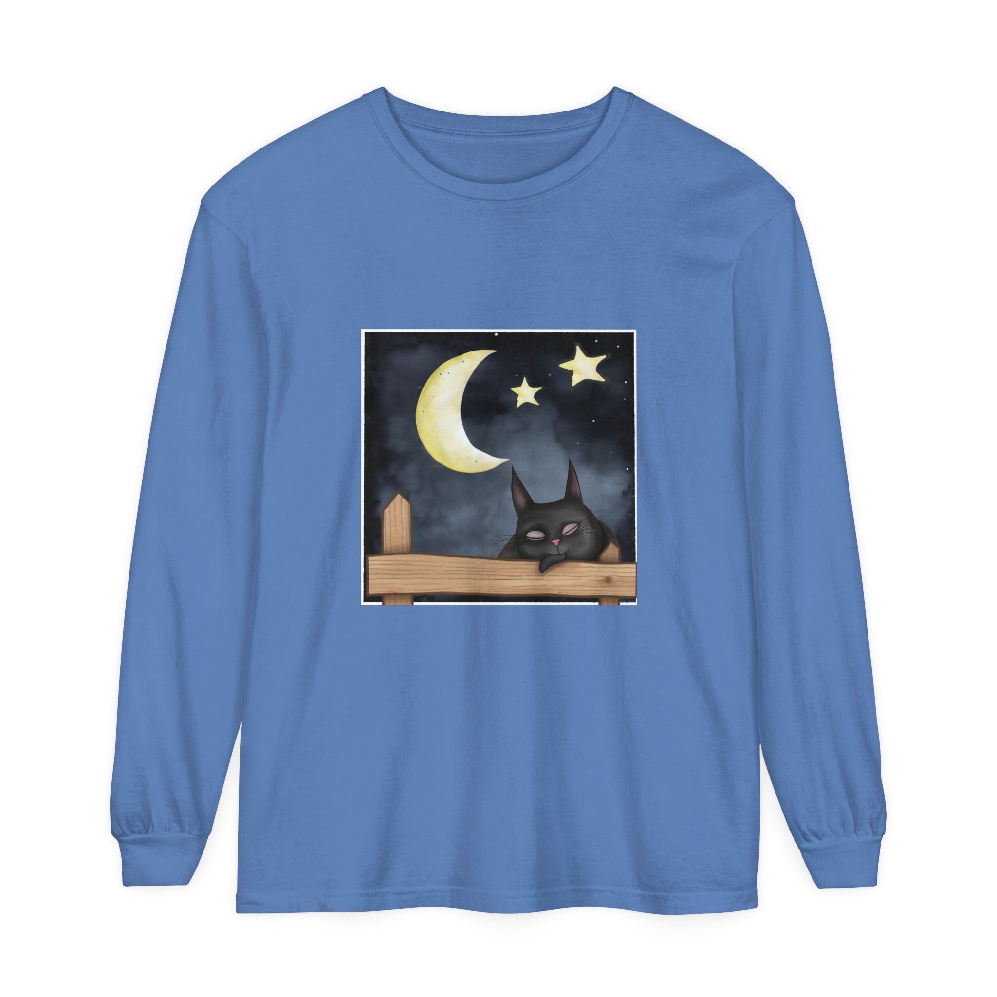 Sleepy Cat Night Sky T-Shirt: A black shirt with a cute cat sleeping under the moon and stars design