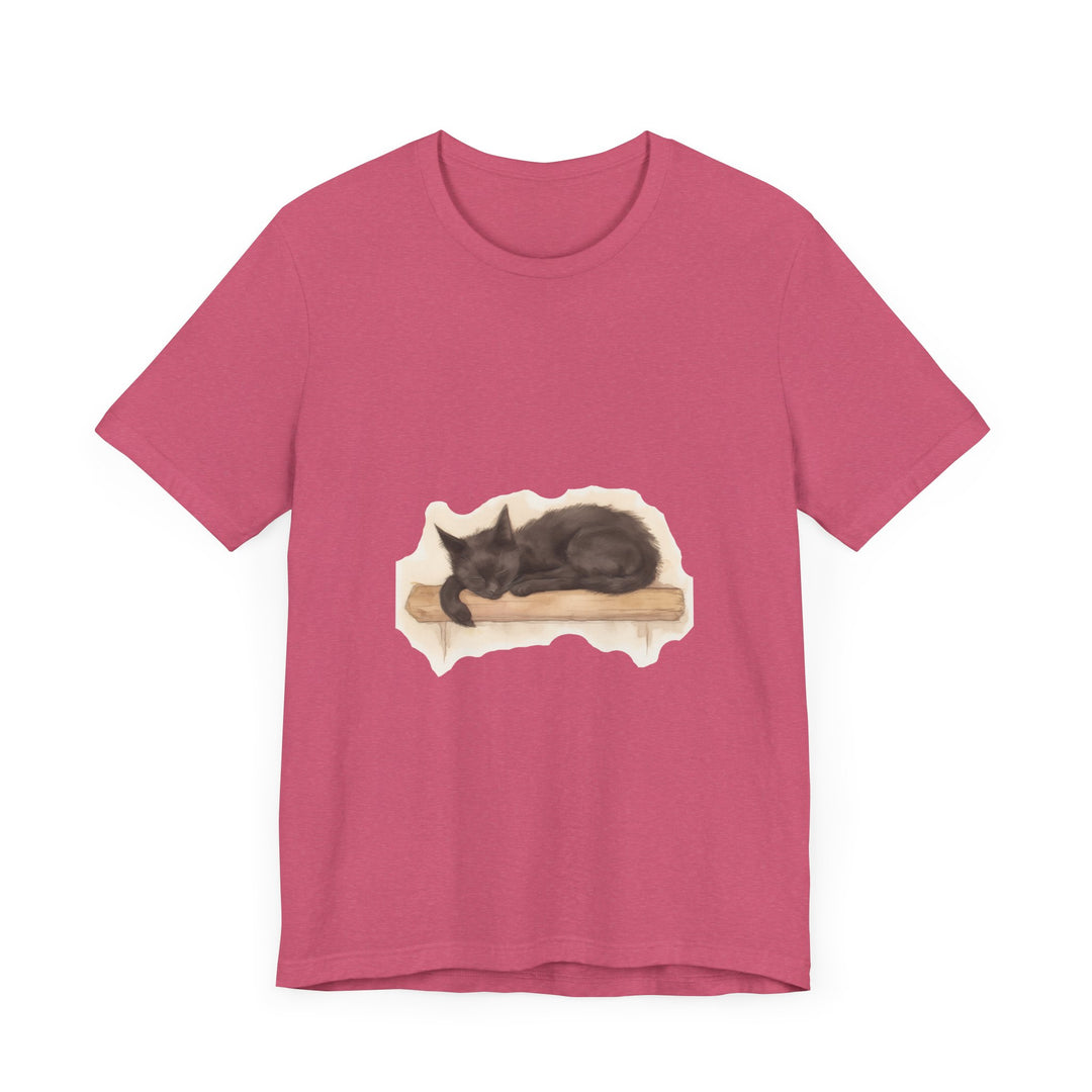 A comfortable black t-shirt featuring a watercolor painting of a sleeping cat