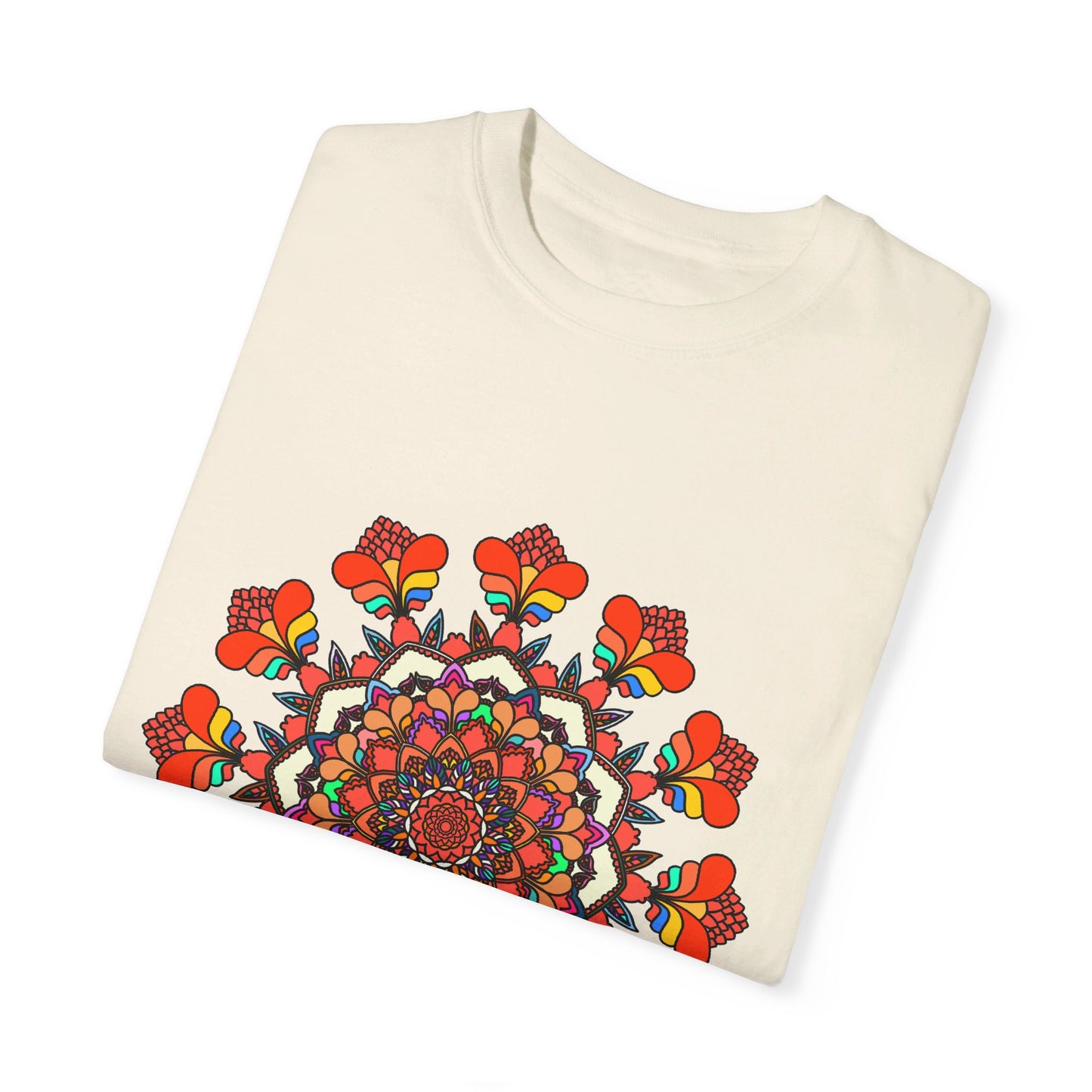 Unisex Mandala T-Shirt showcasing hand-drawn mandala art on 100% ring-spun cotton, garment-dyed for extra comfort