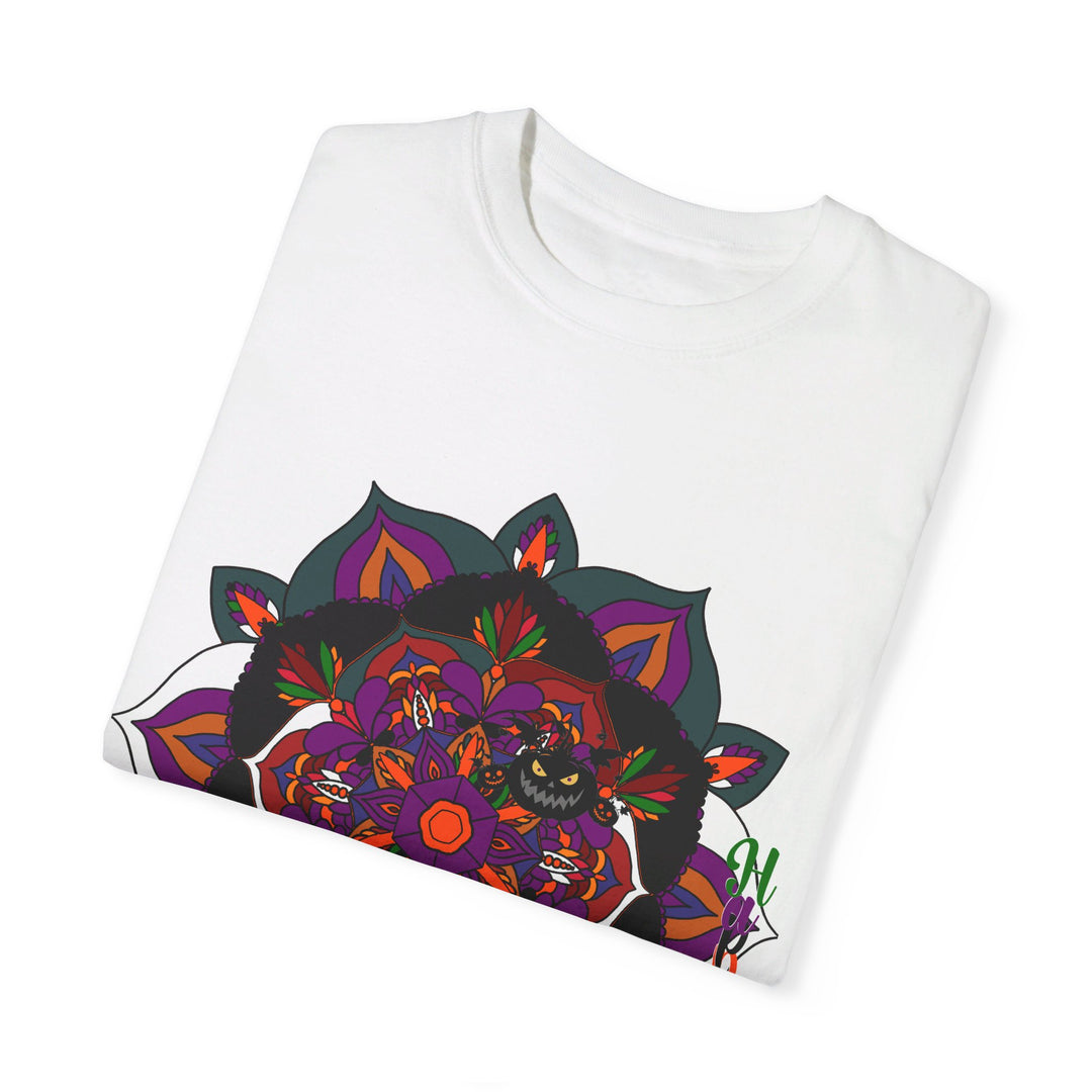 Orange unisex Halloween T-shirt featuring a hand-drawn pumpkin mandala design