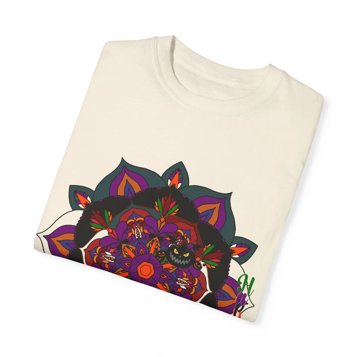 A unisex handmade Halloween Mandala T-shirt featuring a pumpkin mandala art design on a garment-dyed tee