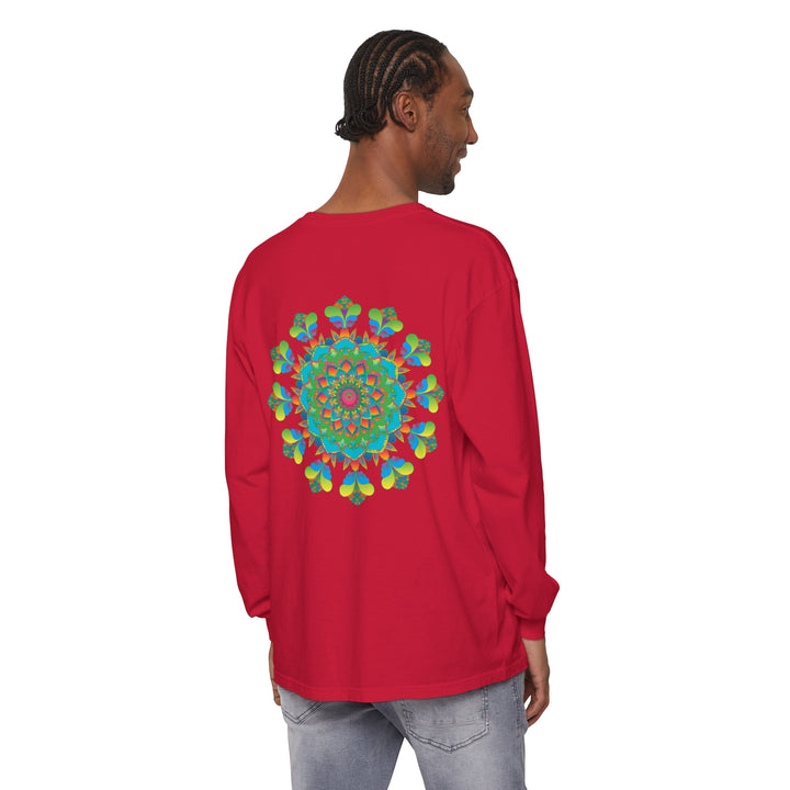 Colorful and vibrant long sleeve tie dye t-shirt with a psychedelic mandala design