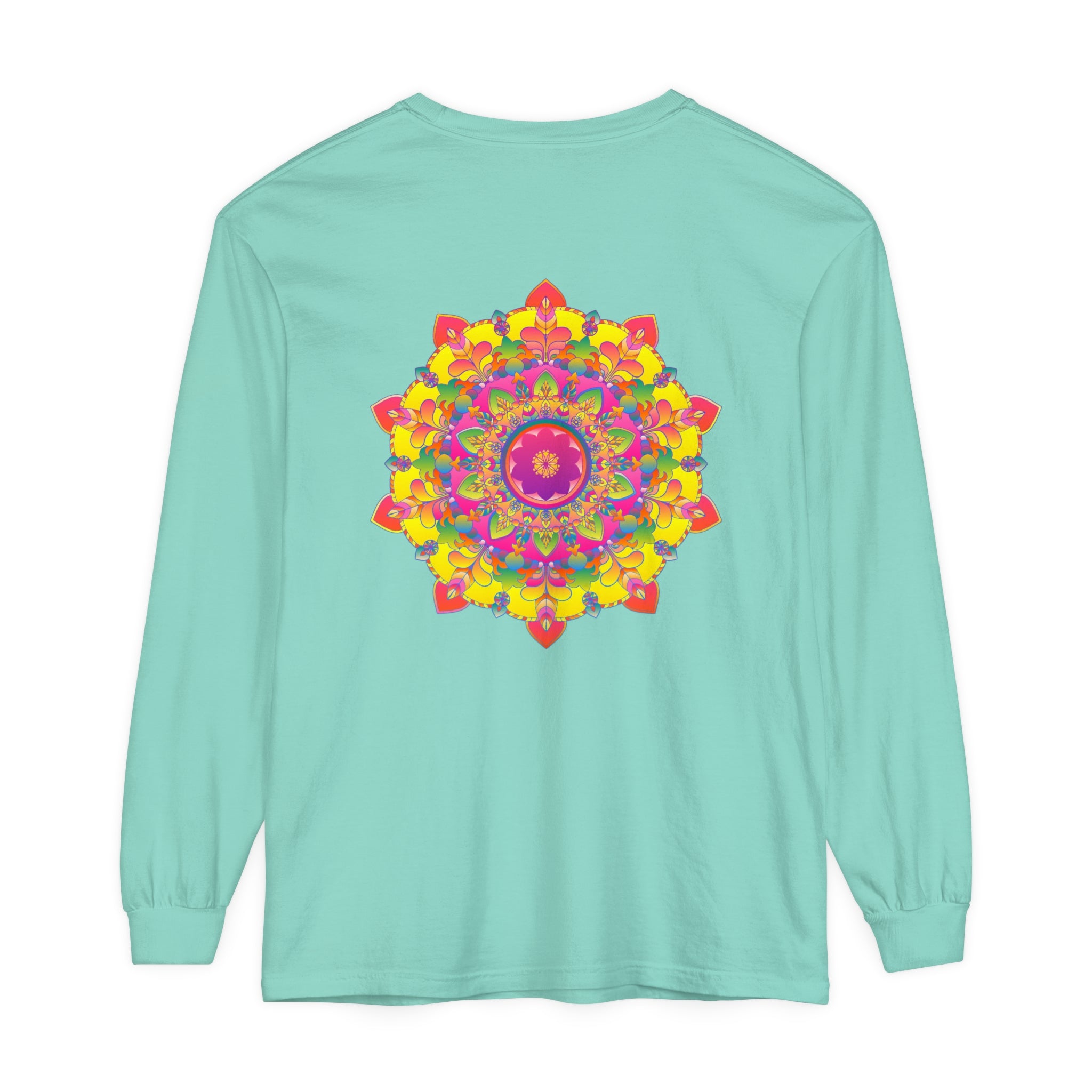 Colorful and intricate mandala design on a long sleeve t-shirt