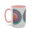 A vibrant and intricate mandala art mug featuring a colorful floral design