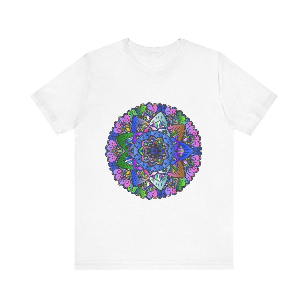 A vibrant and intricate mandala design adorns this colorful t-shirt