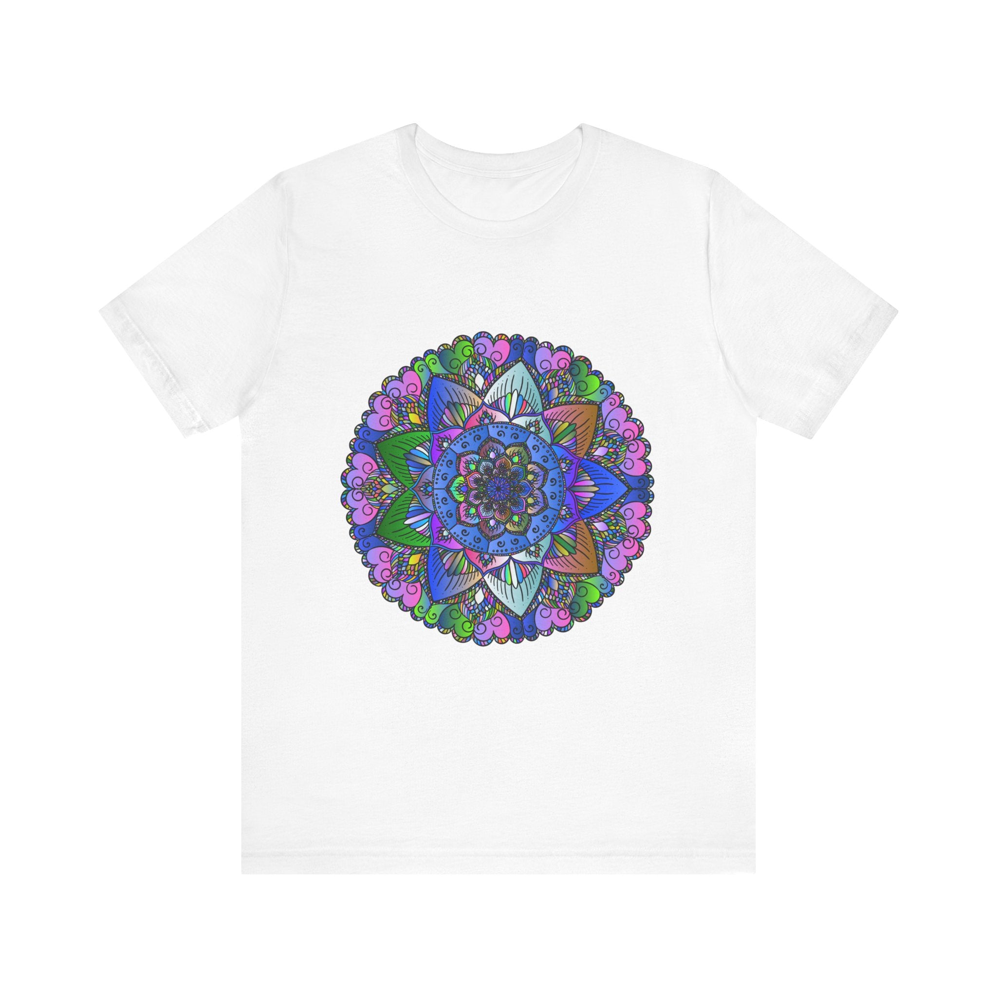 A vibrant and intricate mandala design adorns this colorful t-shirt