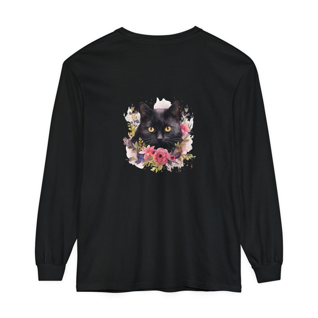 Black Cat Floral Watercolor Long Sleeve T-Shirt with vibrant watercolor floral design