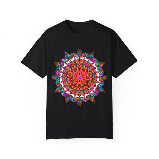 Unisex Mandala T-Shirt featuring intricate hand-drawn mandala art, made from 100% ring-spun cotton and garment-dyed for extra comfort