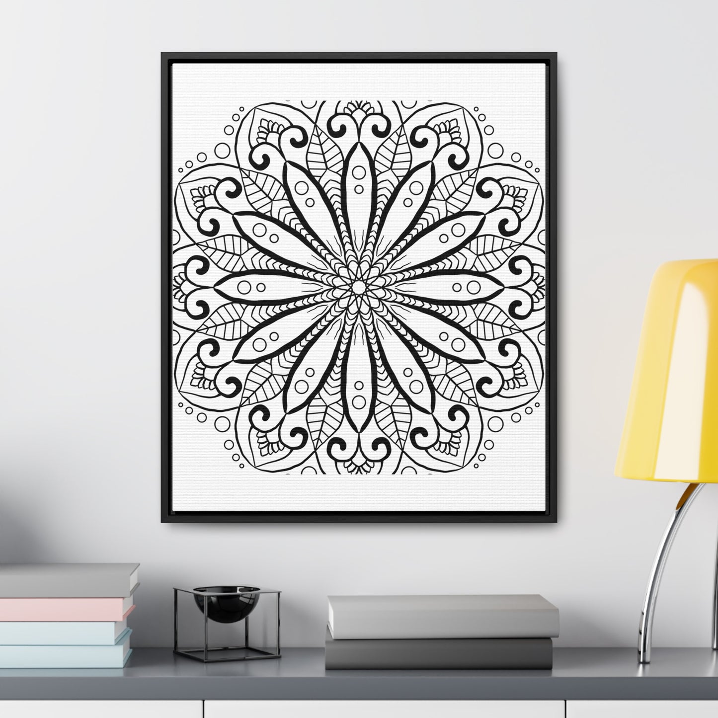 Vertical black and white handmade mandala art on gallery canvas wraps