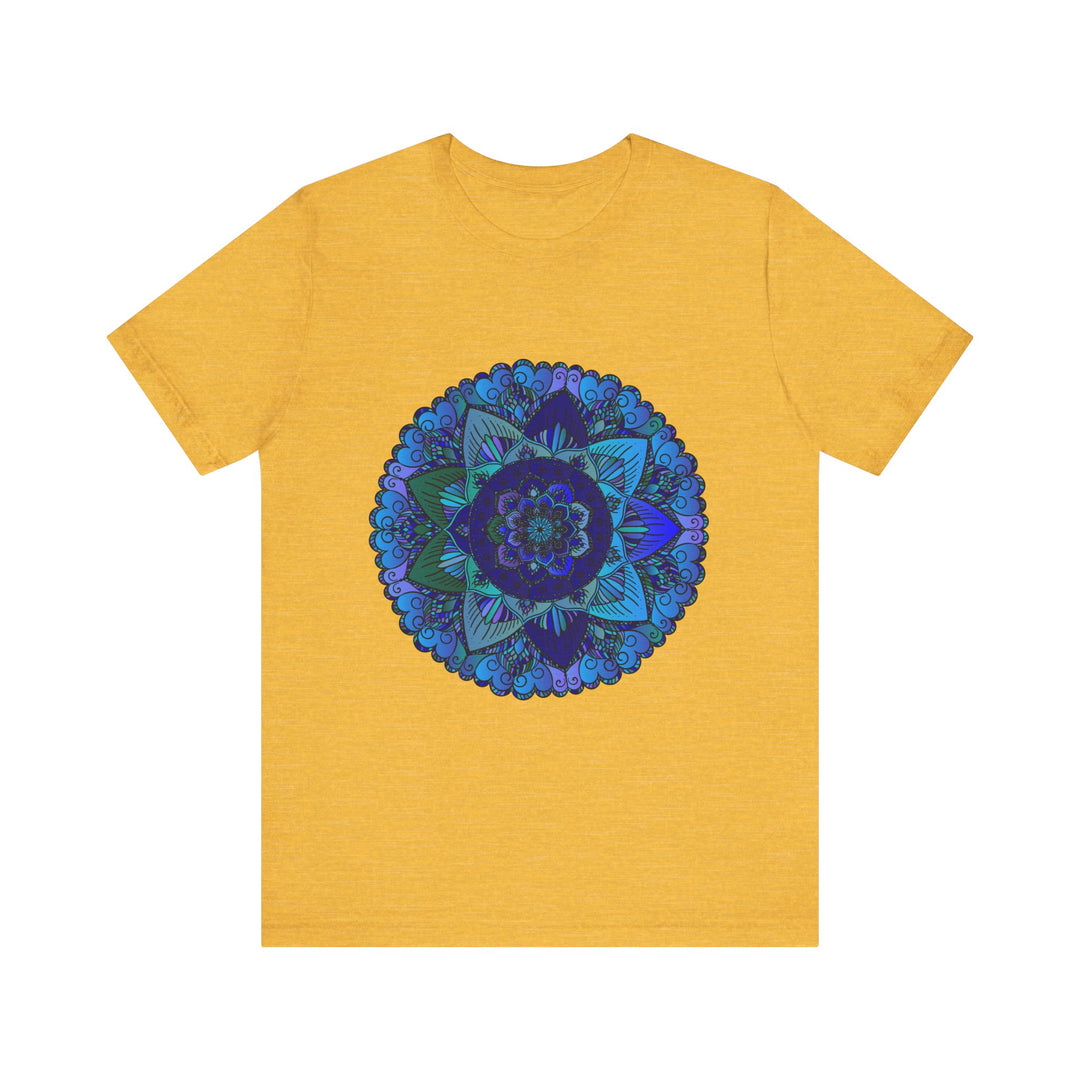 Dark blue and green mandala t-shirt featuring intricate spiritual art design