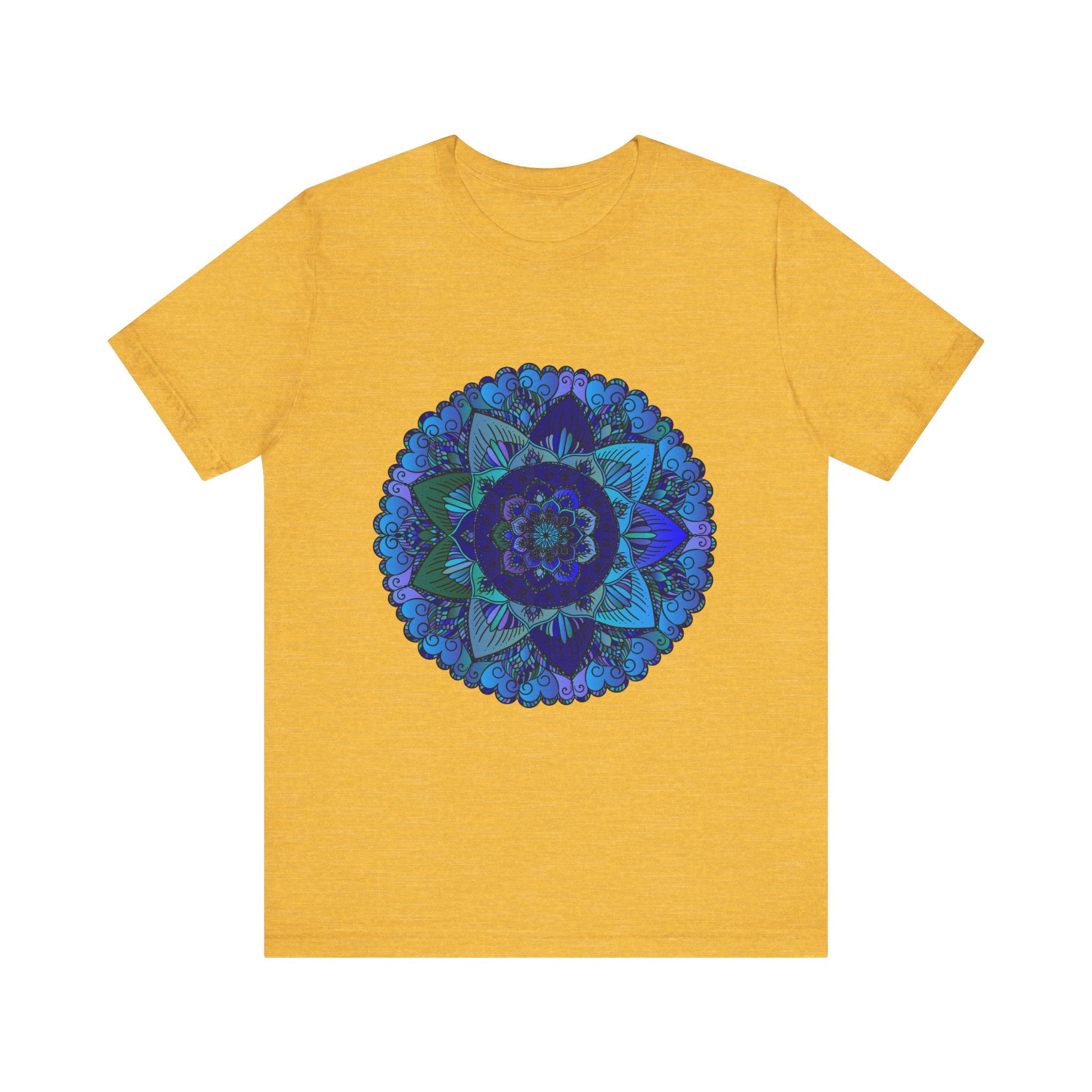 Dark blue and green mandala t-shirt featuring intricate spiritual art design