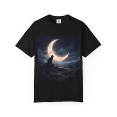 Black t-shirt with a graphic of a cat under a crescent moon in a landscape.
