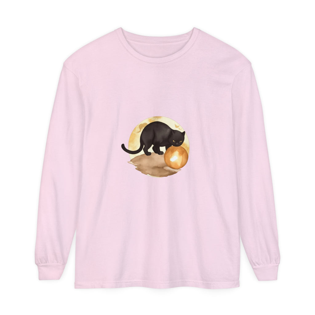 Black cat silhouette sitting on a rooftop with a full moon and starry night sky, printed on a comfortable t-shirt