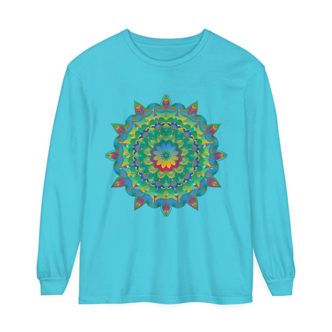 Colorful and intricate psychedelic mandala design on long sleeve t-shirt