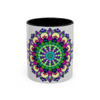A hand-painted Mandala Art Mug featuring vibrant colors and intricate spiritual designs perfect for enjoying your morning coffee or tea