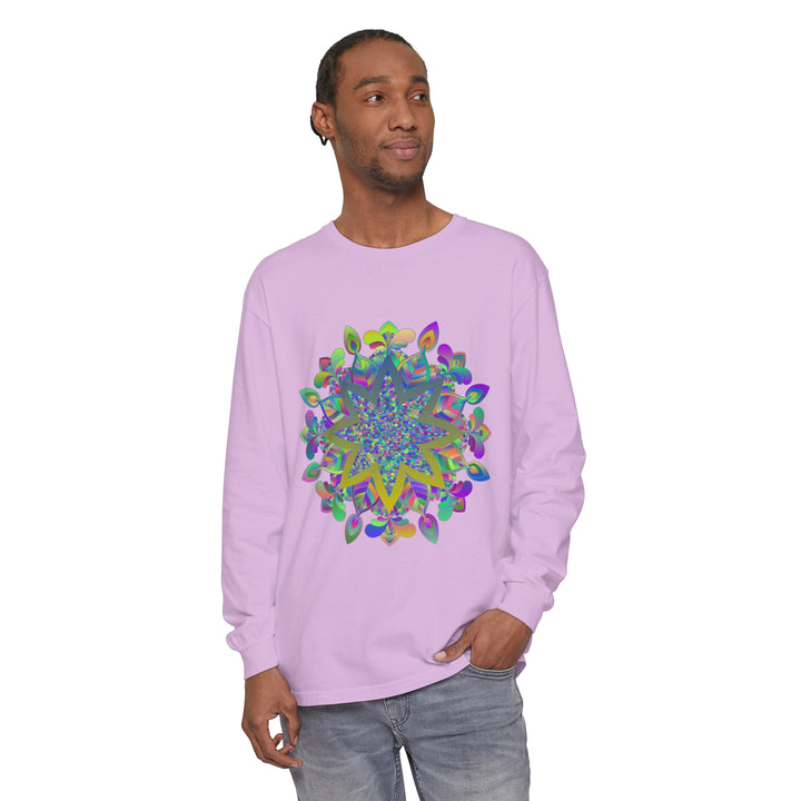 Vibrant and intricate mandala design long sleeve unisex t-shirt in multiple colors