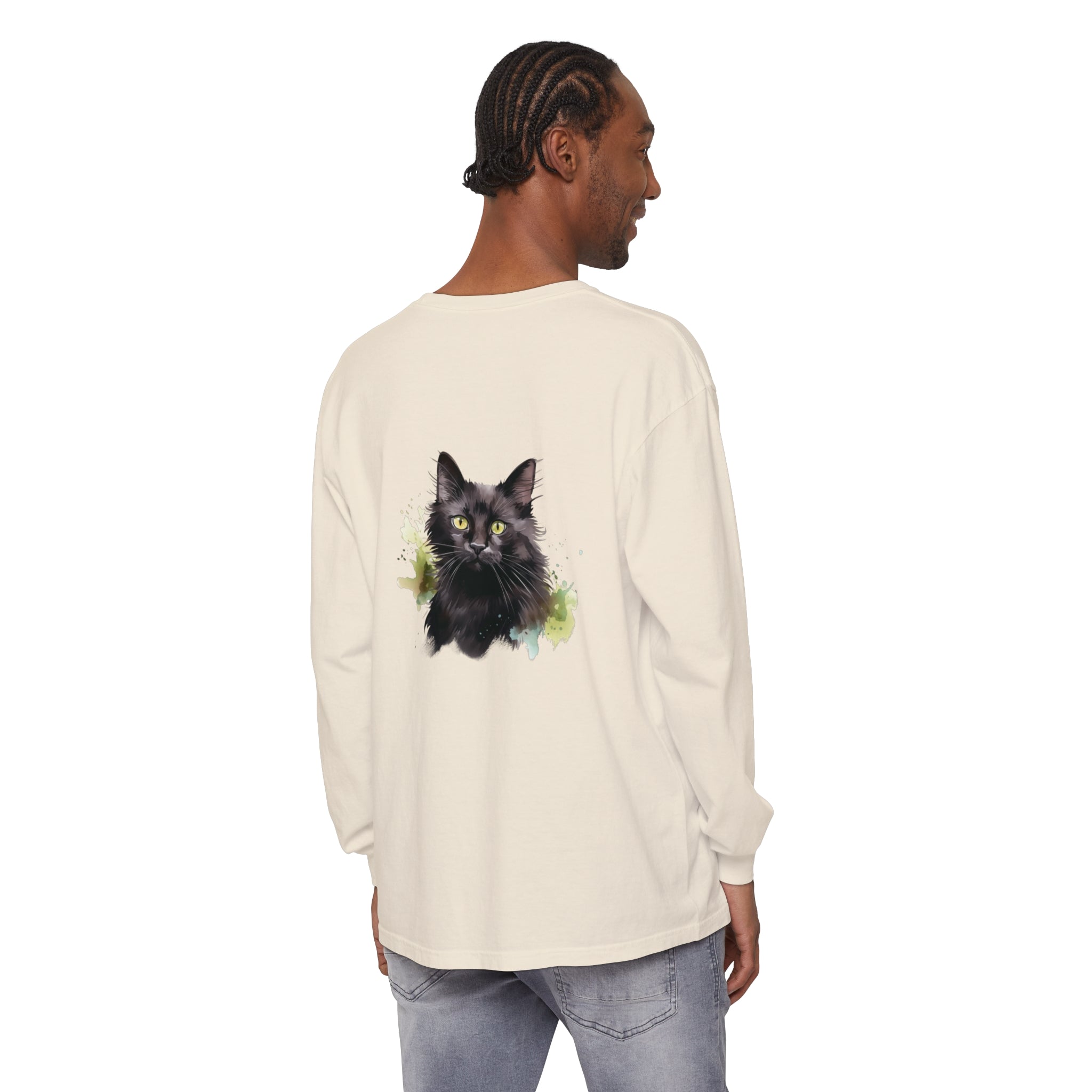 Black Cat Watercolor Splash Long Sleeve T-Shirt with vibrant feline design